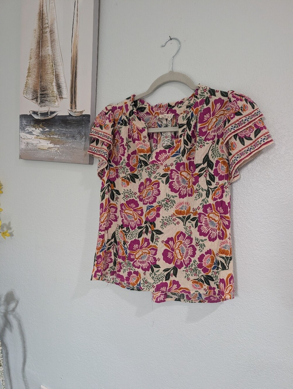 Artelier Nicole Miller Floral Short-Sleeve Women's Top in Pink and Cream Sz Med